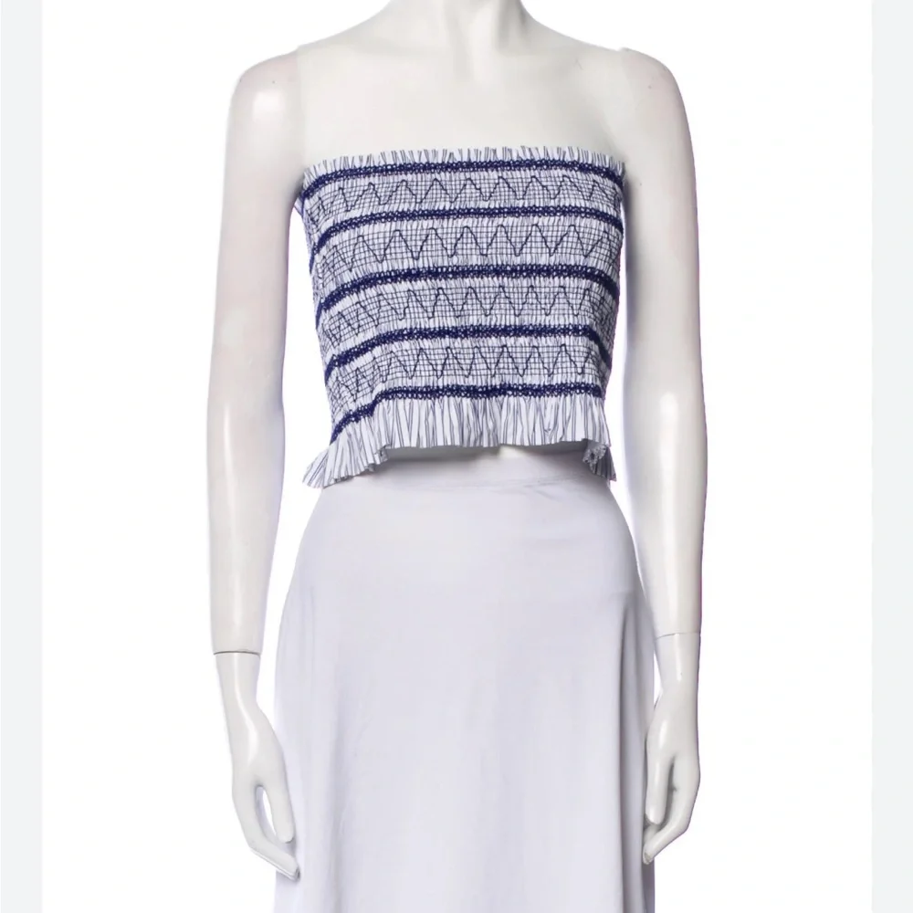 Christian Lacroix White‎ Navy Strapless Smocked Crop Top boho festival